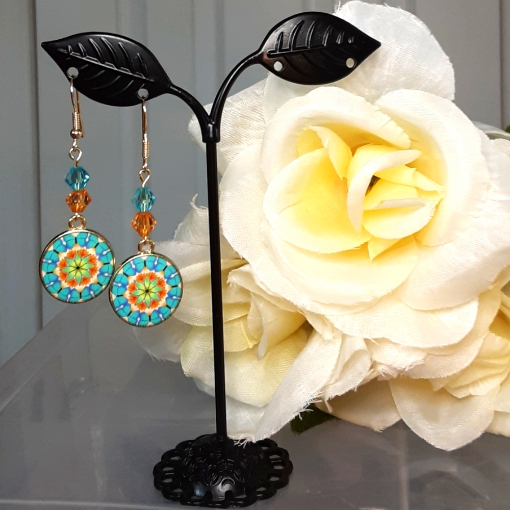 Handmade Mandala Earrings Teal Orange